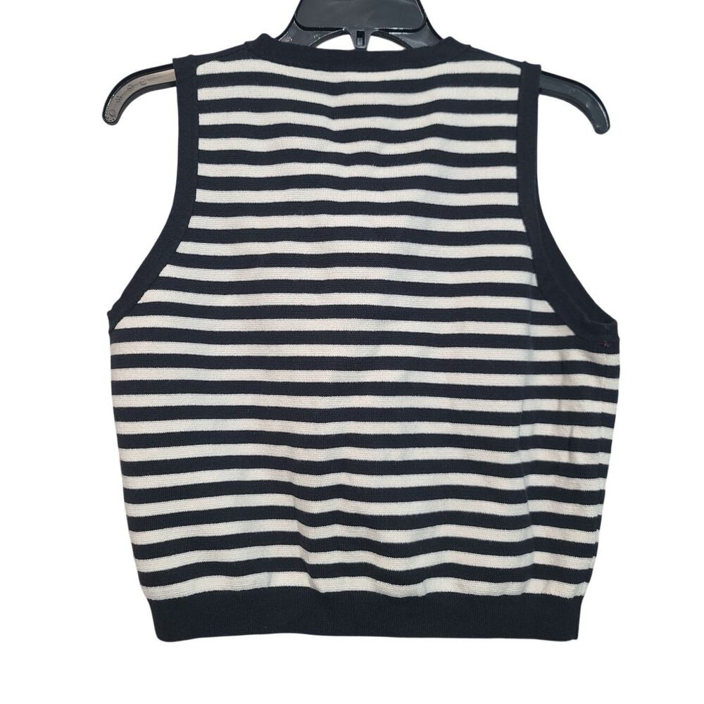 J.Crew Emilie Ribbed V-Neck Sweater Vest Black Stripe Gold Buttons Large GUC - Picture 2 of 4